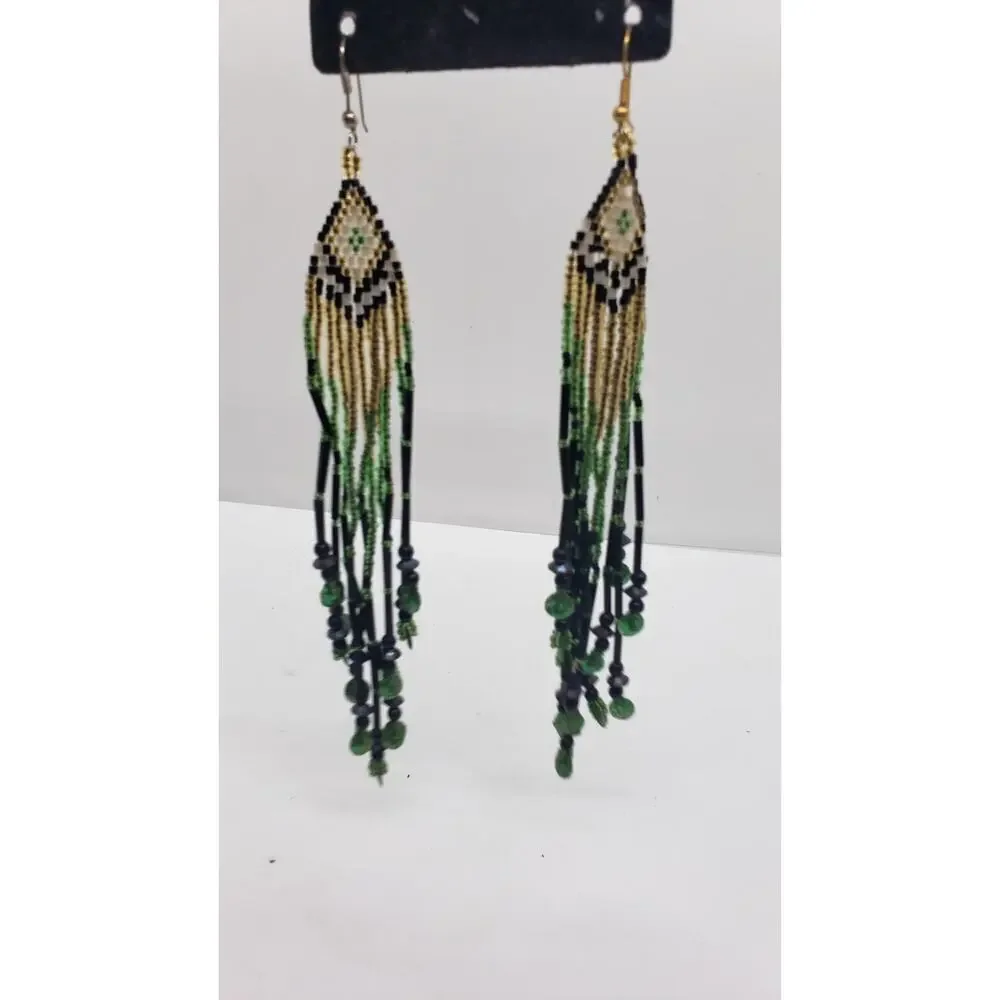 Vintage Earrings Super Long Hand Beaded Fringe Boho Ethnic